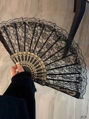 Vintage Black French Lace Foldable Hand Fan, Portable Handheld Fan For Summer